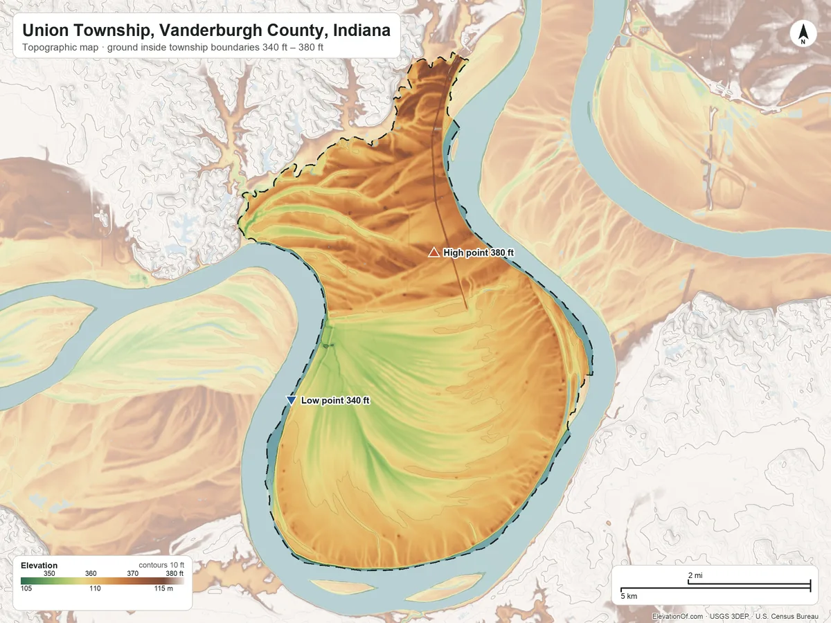 Topographic elevation map of Union Township, Vanderburgh County, Indiana, shaded from 340 ft on the southwest side to 380 ft near the middle