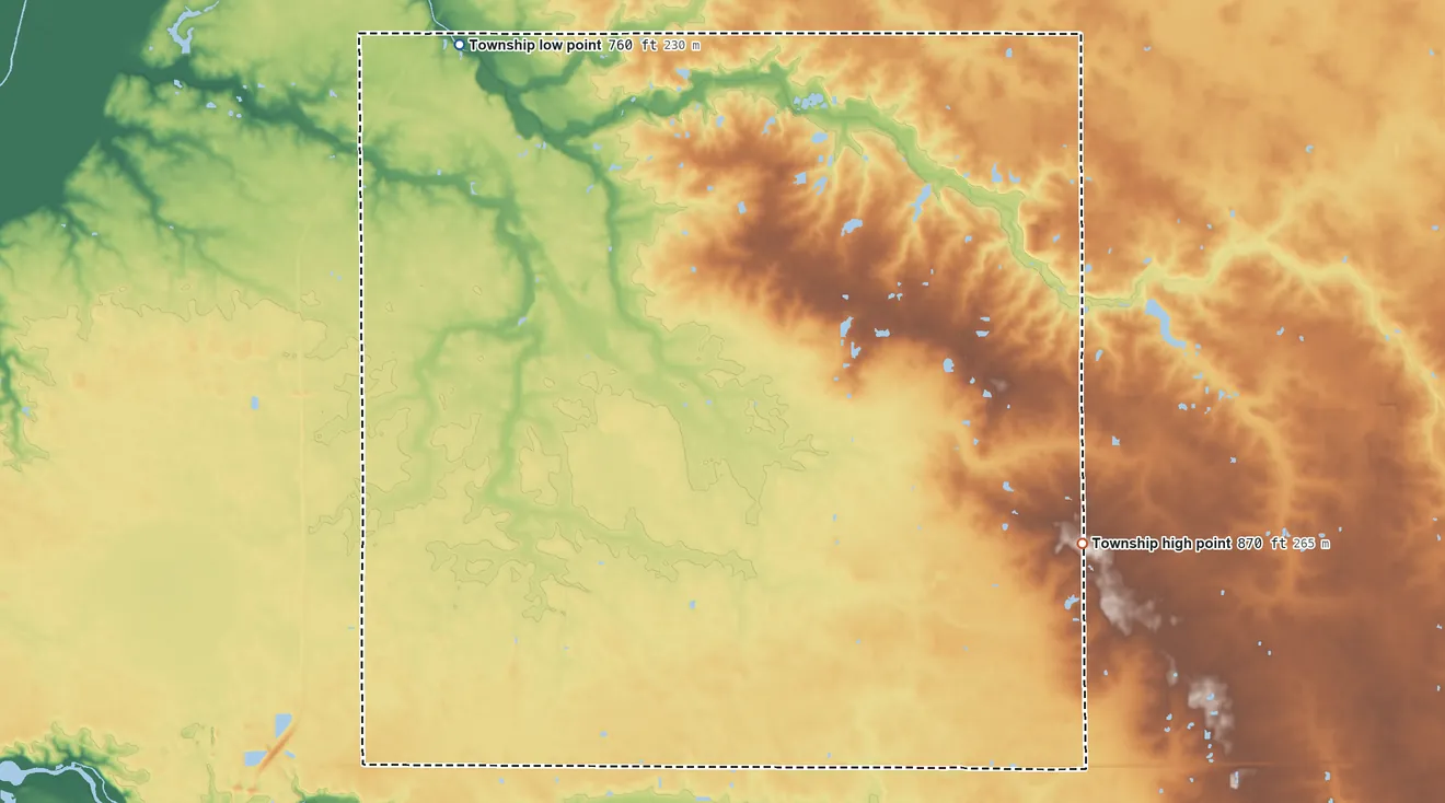 Topographic elevation map of Union Township, Wells County, Indiana, shaded from 760 ft on the northwest side to 870 ft on the southeast side
