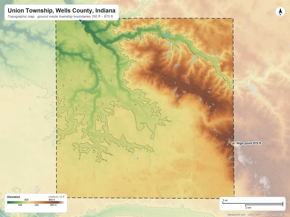 Topographic elevation map of Union Township, Wells County, Indiana, shaded from 760 ft on the northwest side to 870 ft on the southeast side