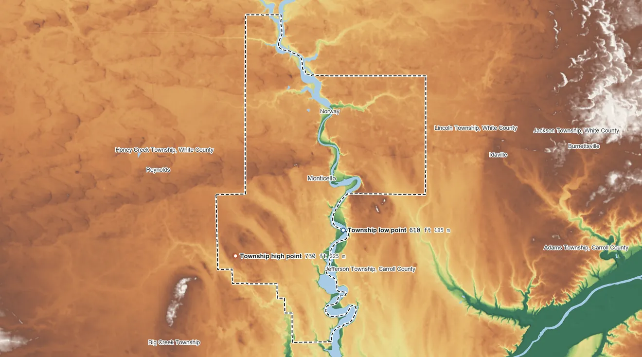Topographic elevation map of Union Township, White County, Indiana, shaded from 610 ft on the south side to 730 ft on the southwest side