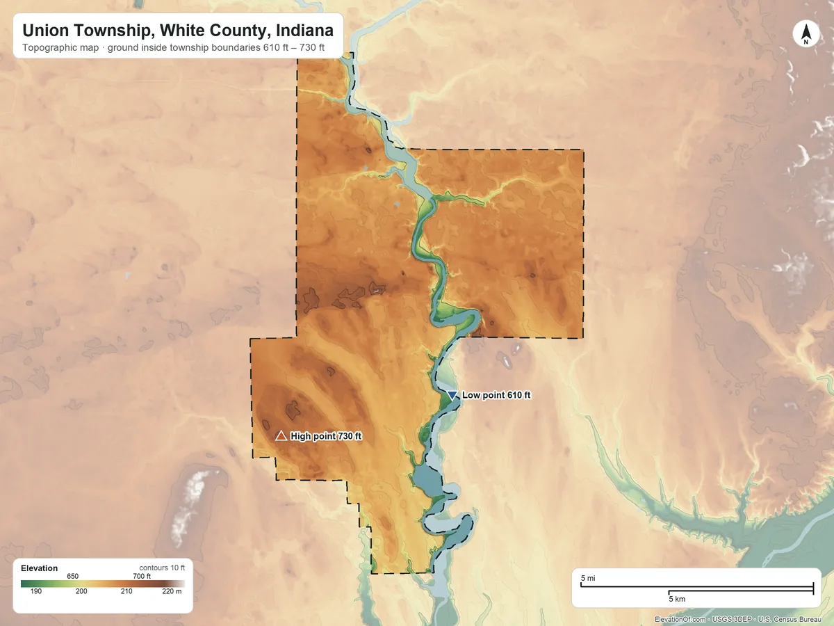 Topographic elevation map of Union Township, White County, Indiana, shaded from 610 ft on the south side to 730 ft on the southwest side