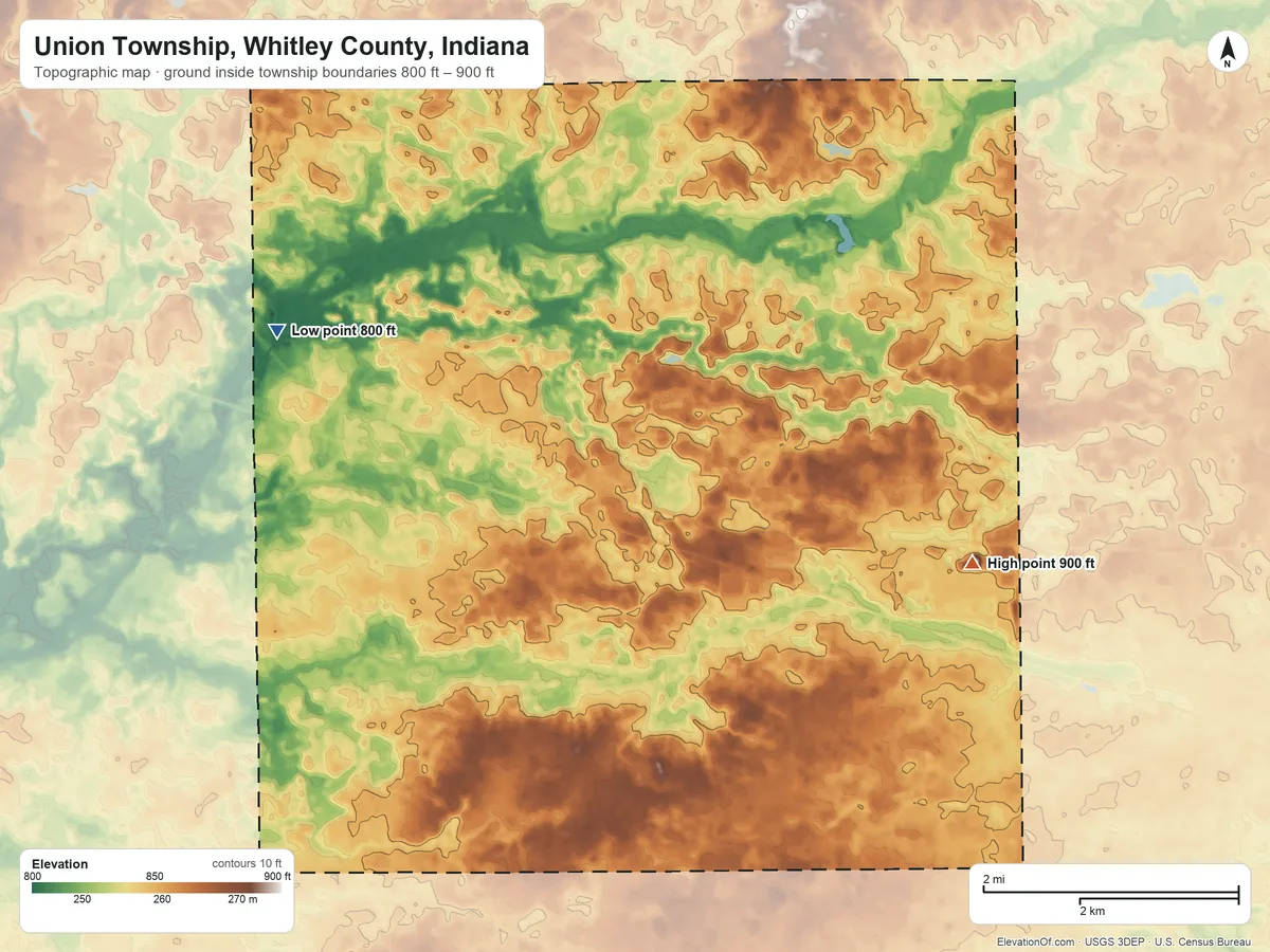Topographic elevation map of Union Township, Whitley County, Indiana, shaded from 800 ft on the west side to 900 ft on the southeast side