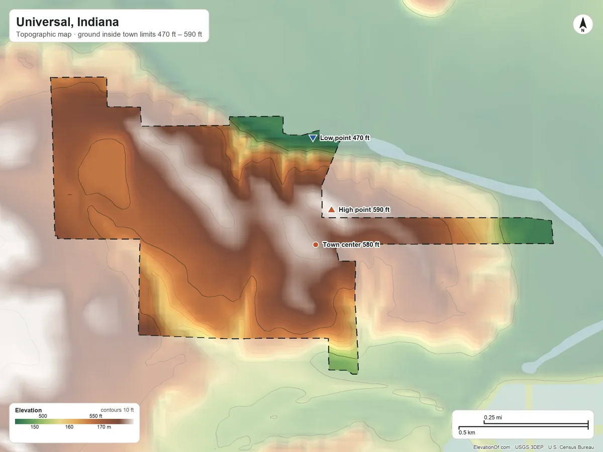Topographic elevation map of Universal, Indiana, shaded from 470 ft on the north side to 590 ft near the middle