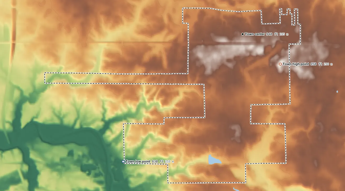 Topographic elevation map of Upland, Indiana, shaded from 830 ft on the southwest side to 950 ft on the southeast side