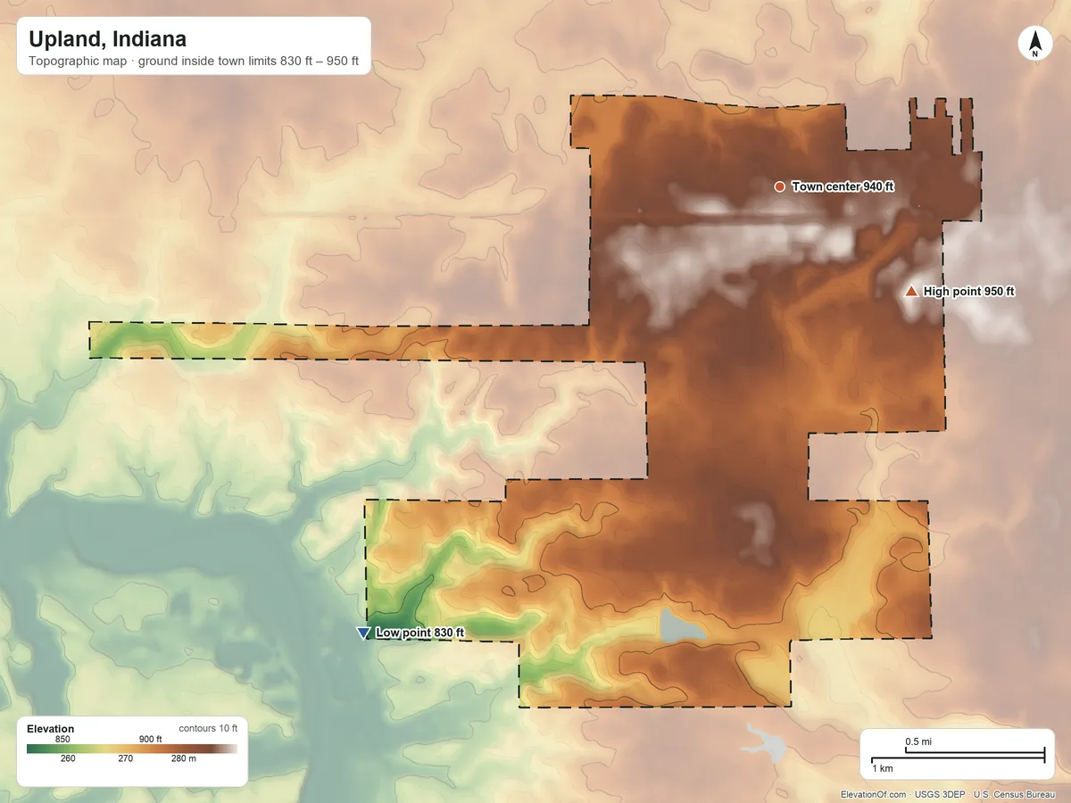 Topographic elevation map of Upland, Indiana, shaded from 830 ft on the southwest side to 950 ft on the southeast side