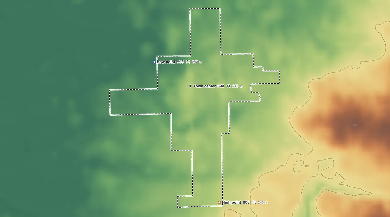 Topographic elevation map of Urbana, Indiana, shaded from 790 ft on the northwest side to 800 ft on the south side