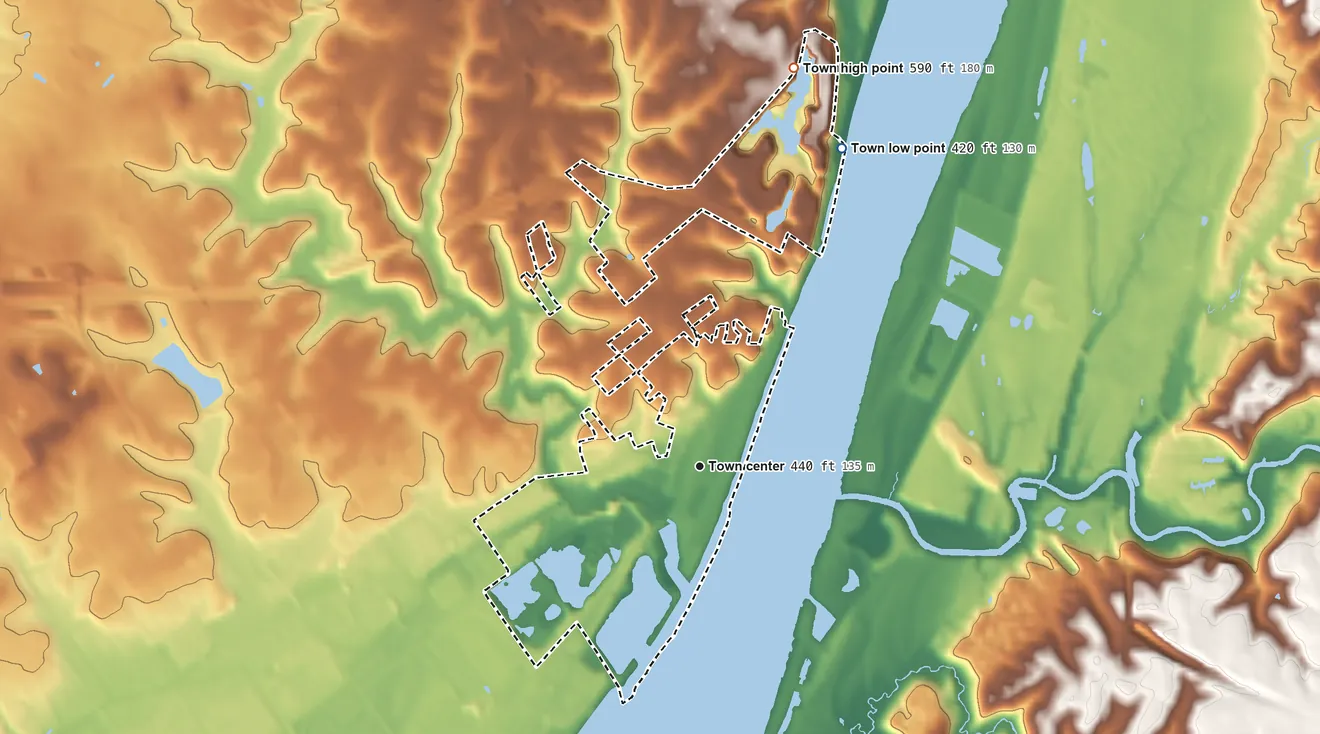 Topographic elevation map of Utica, Indiana, shaded from 420 ft on the northeast side to 590 ft on the north side