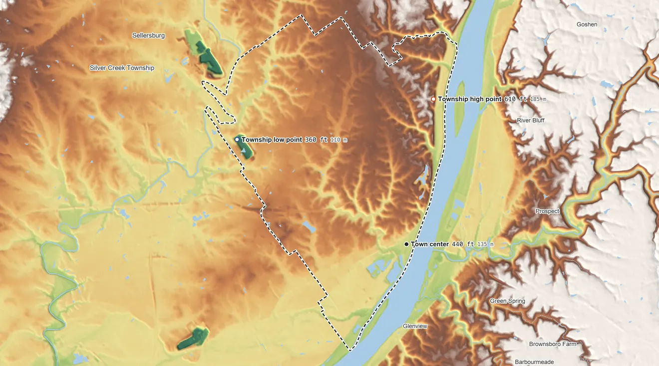 Topographic elevation map of Utica Township, Indiana, shaded from 360 ft on the northwest side to 610 ft on the north side