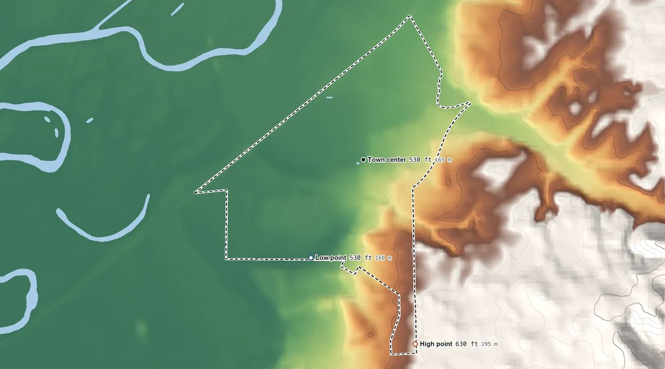 Topographic elevation map of Vallonia, Indiana, shaded from 530 ft on the southwest side to 630 ft on the south side