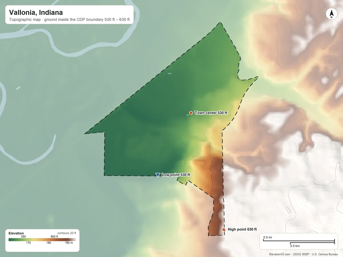 Topographic elevation map of Vallonia, Indiana, shaded from 530 ft on the southwest side to 630 ft on the south side