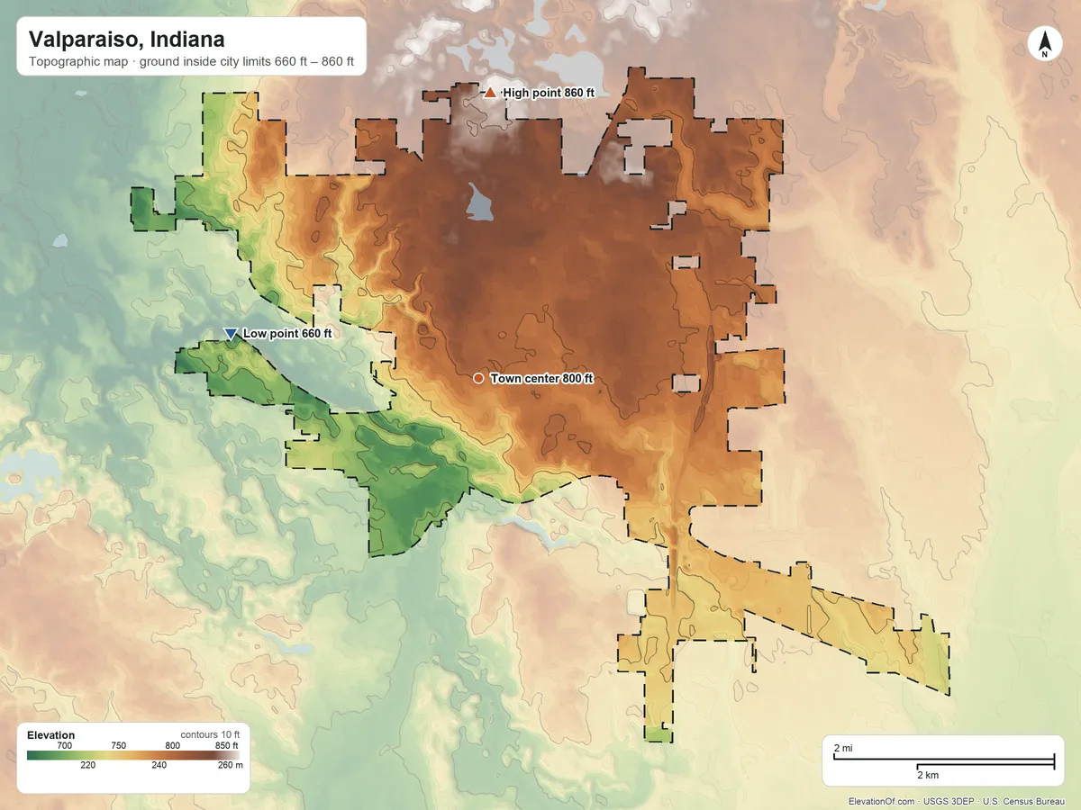 Topographic elevation map of Valparaiso, Indiana, shaded from 660 ft on the west side to 860 ft on the north side