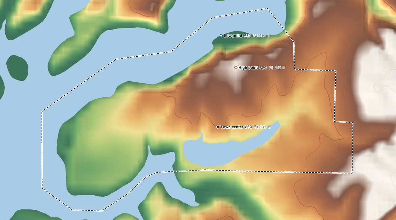 Topographic elevation map of Van Bibber Lake, Indiana, shaded from 760 ft on the north side to 820 ft on the north side