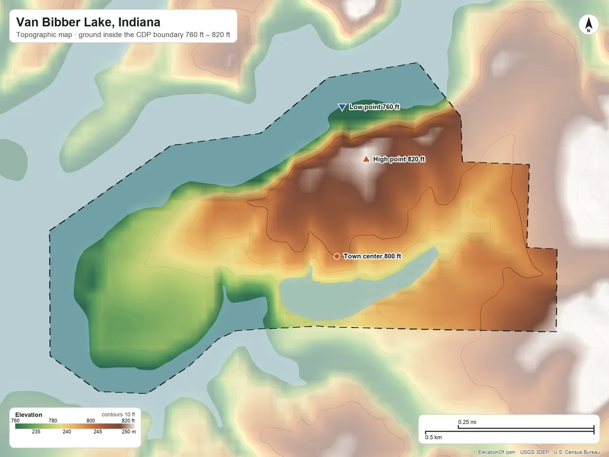 Topographic elevation map of Van Bibber Lake, Indiana, shaded from 760 ft on the north side to 820 ft on the north side