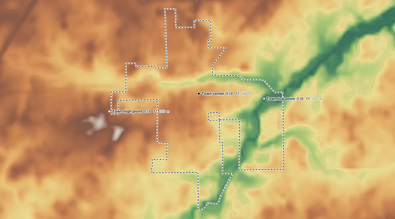 Topographic elevation map of Van Buren, Indiana, shaded from 830 ft on the east side to 850 ft on the west side