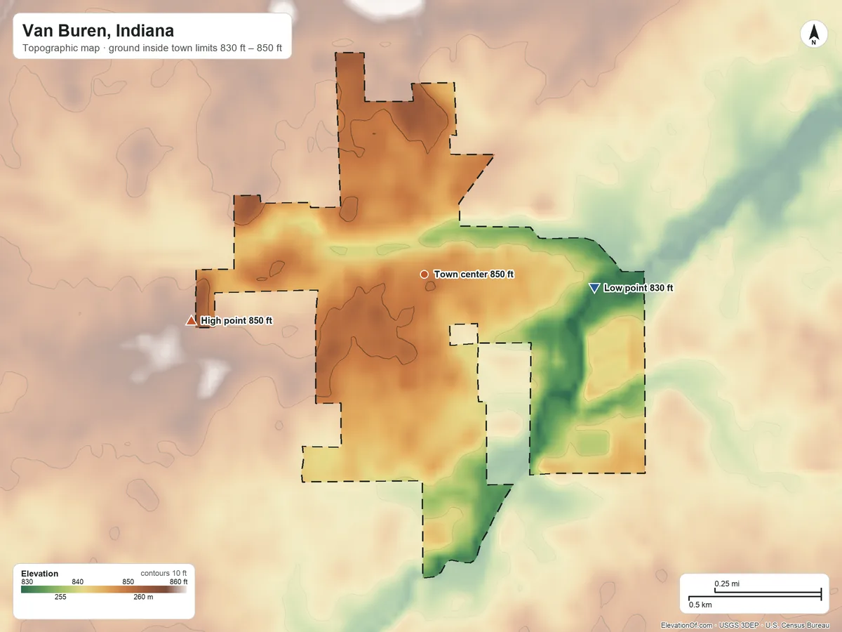 Topographic elevation map of Van Buren, Indiana, shaded from 830 ft on the east side to 850 ft on the west side