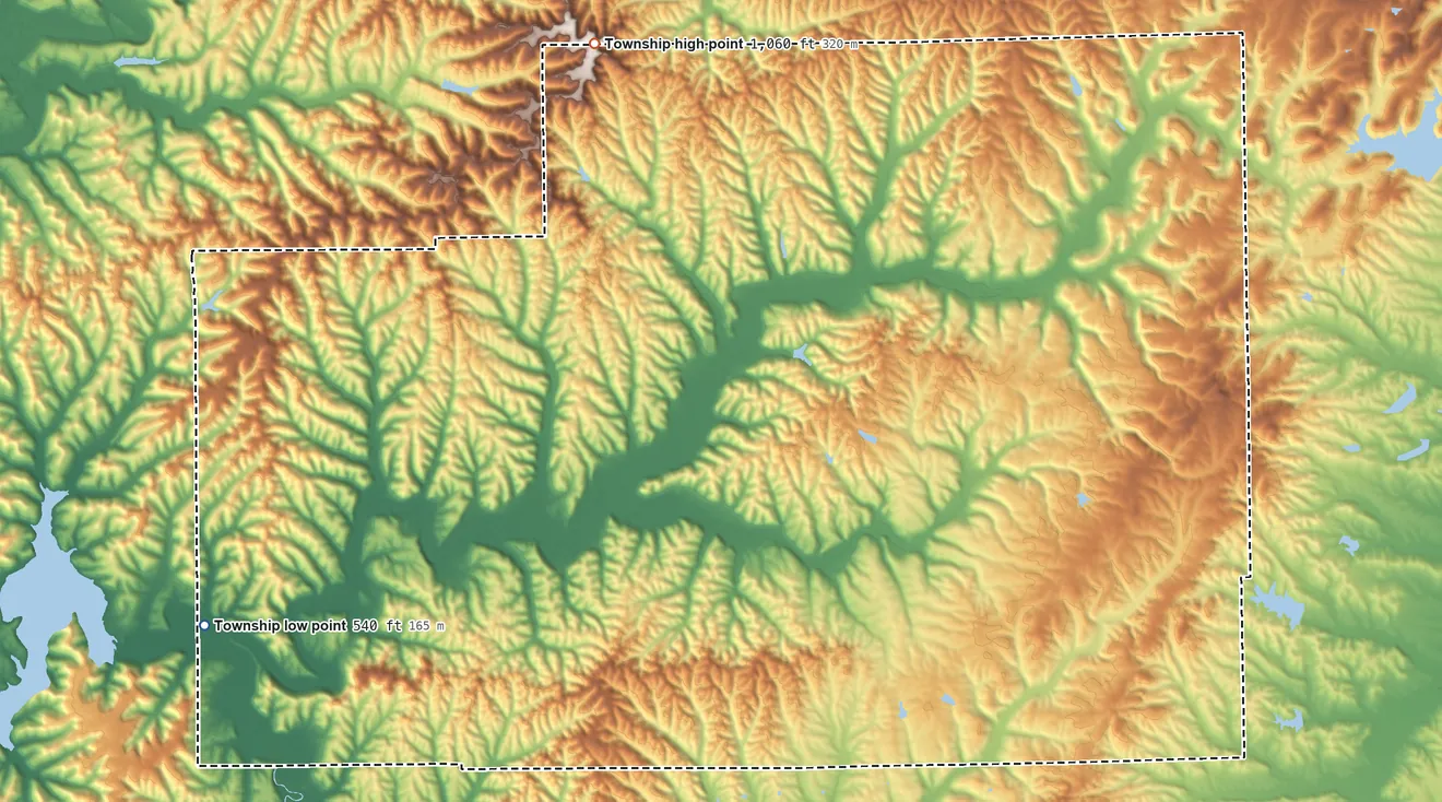 Topographic elevation map of Van Buren Township, Brown County, Indiana, shaded from 540 ft on the west side to 1,060 ft on Weed Patch Hill