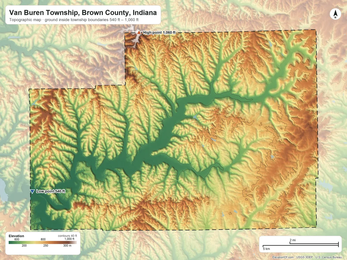 Topographic elevation map of Van Buren Township, Brown County, Indiana, shaded from 540 ft on the west side to 1,060 ft on Weed Patch Hill