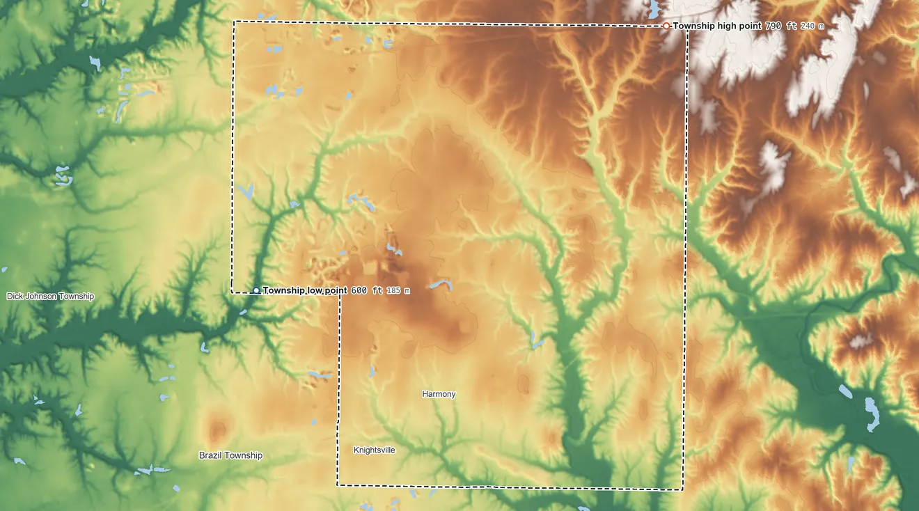 Topographic elevation map of Van Buren Township, Clay County, Indiana, shaded from 600 ft on the west side to 790 ft on the northeast side