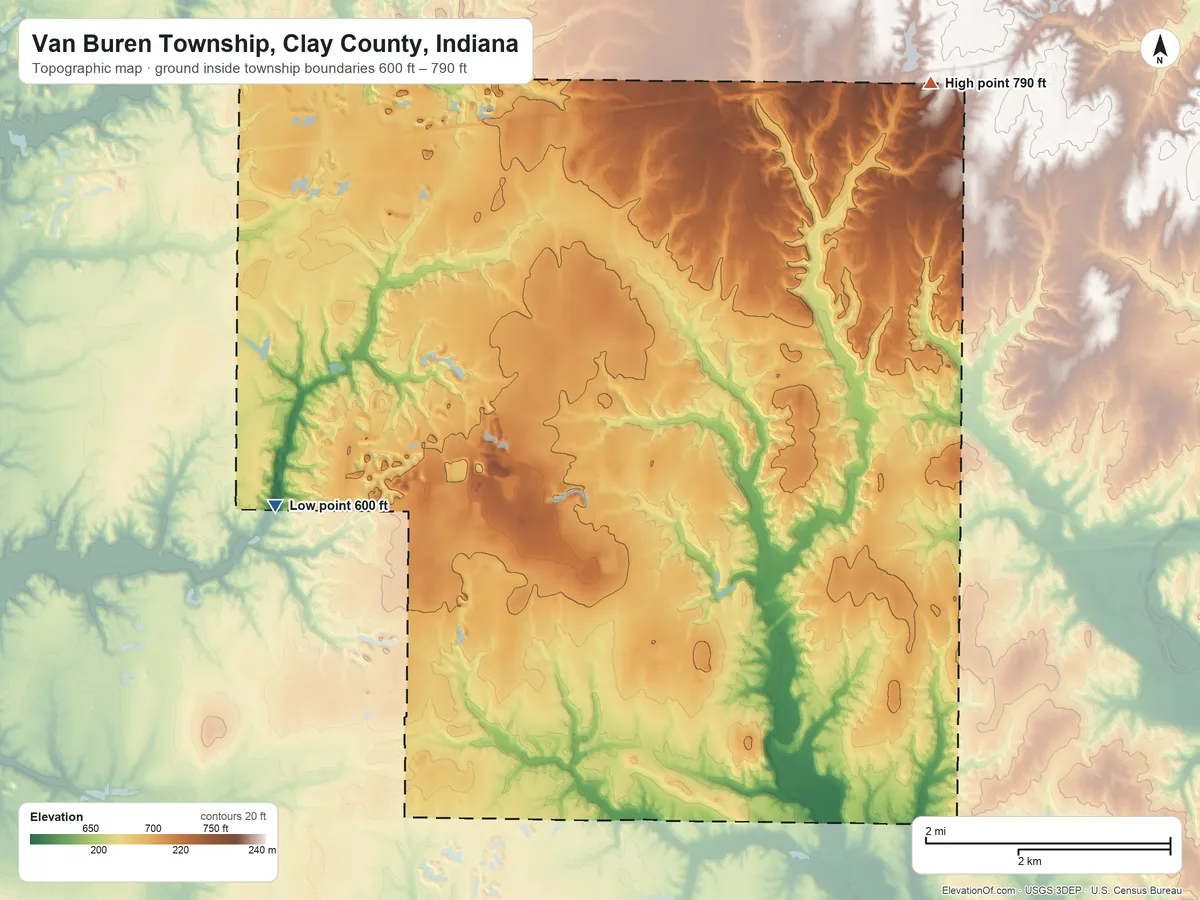 Topographic elevation map of Van Buren Township, Clay County, Indiana, shaded from 600 ft on the west side to 790 ft on the northeast side