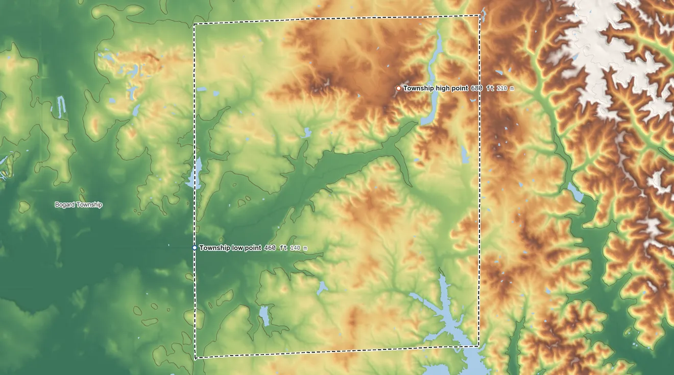 Topographic elevation map of Van Buren Township, Daviess County, Indiana, shaded from 460 ft on the west side to 680 ft on the northeast side