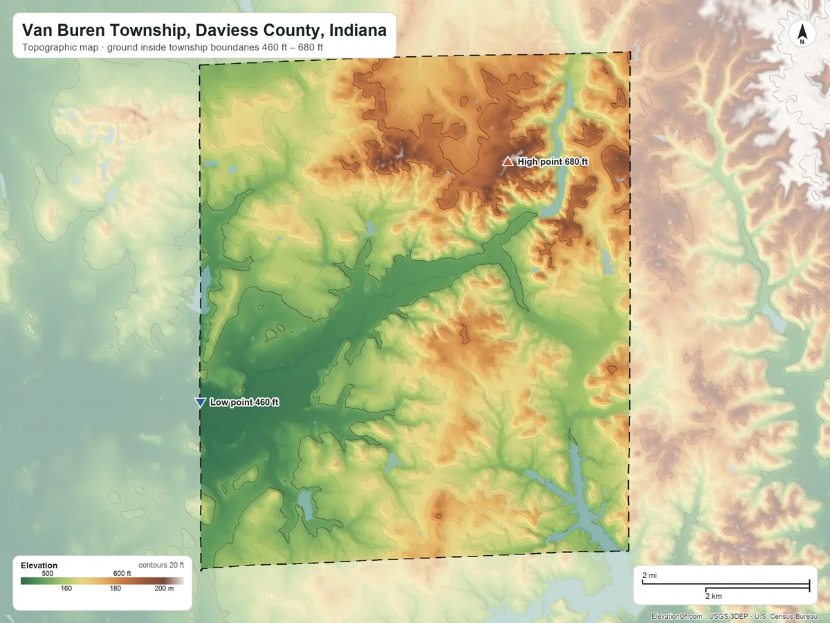 Topographic elevation map of Van Buren Township, Daviess County, Indiana, shaded from 460 ft on the west side to 680 ft on the northeast side