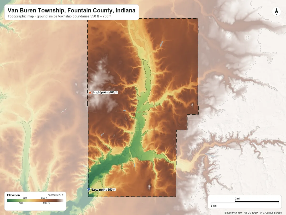Topographic elevation map of Van Buren Township, Fountain County, Indiana, shaded from 550 ft on the southwest side to 700 ft on the northwest side