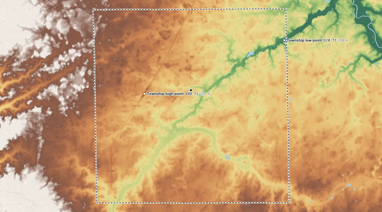 Topographic elevation map of Van Buren Township, Grant County, Indiana, shaded from 820 ft on the northeast side to 880 ft on the west side