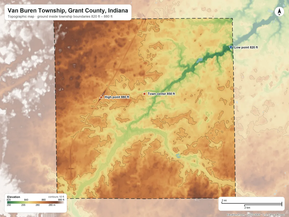 Topographic elevation map of Van Buren Township, Grant County, Indiana, shaded from 820 ft on the northeast side to 880 ft on the west side