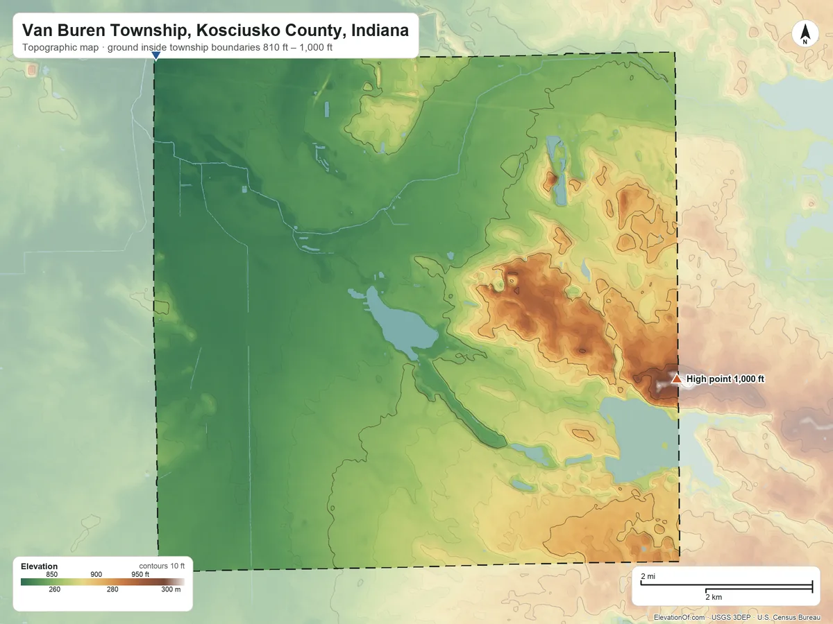 Topographic elevation map of Van Buren Township, Kosciusko County, Indiana, shaded from 810 ft on the northwest side to 1,000 ft on the southeast side