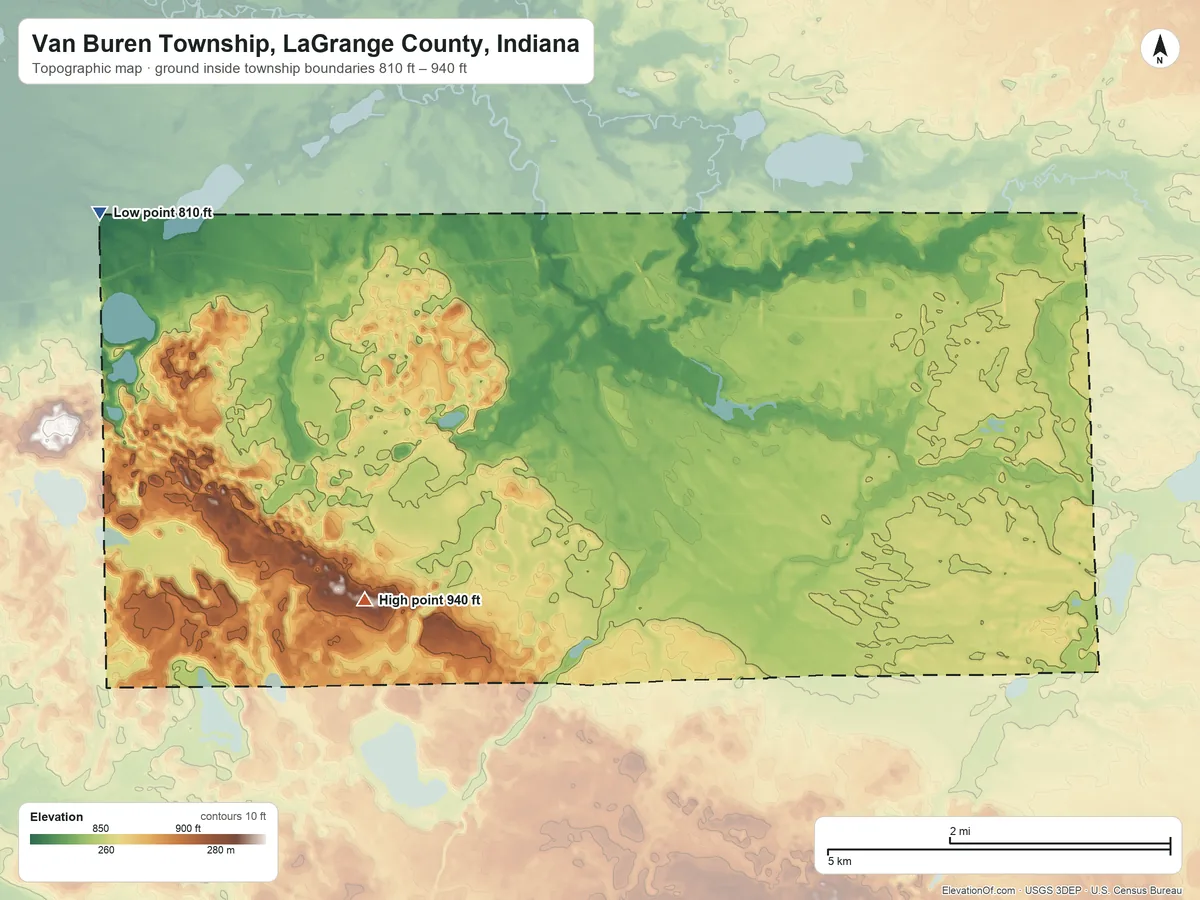 Topographic elevation map of Van Buren Township, LaGrange County, Indiana, shaded from 810 ft on the northwest side to 940 ft on the southwest side