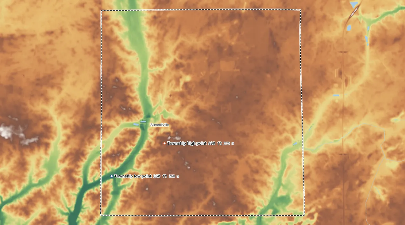 Topographic elevation map of Van Buren Township, Madison County, Indiana, shaded from 860 ft on the southwest side to 900 ft near the middle