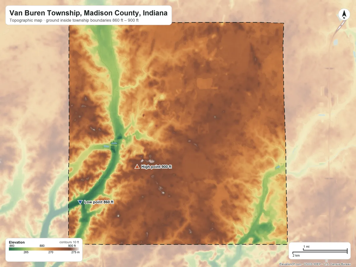 Topographic elevation map of Van Buren Township, Madison County, Indiana, shaded from 860 ft on the southwest side to 900 ft near the middle