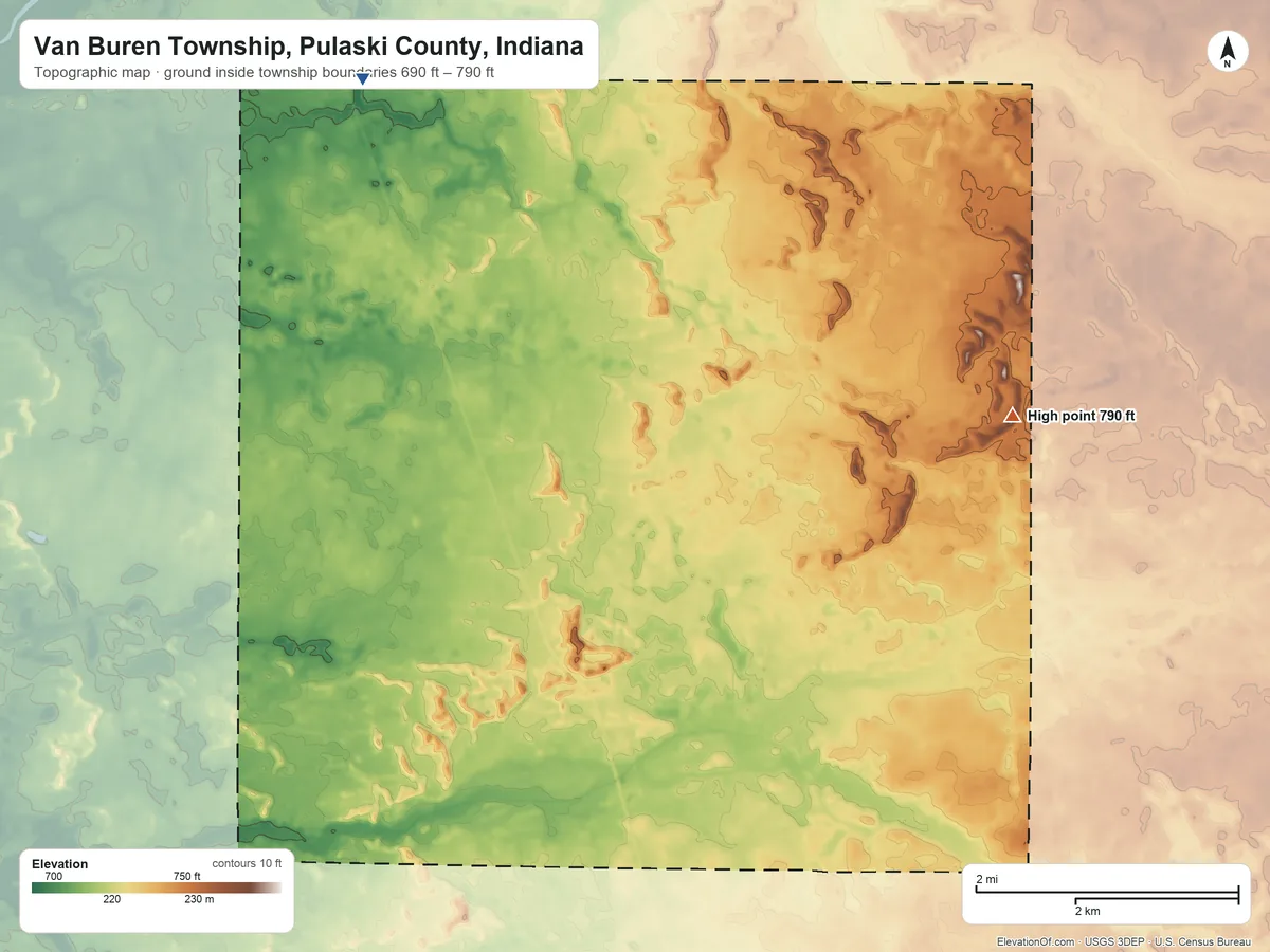 Topographic elevation map of Van Buren Township, Pulaski County, Indiana, shaded from 690 ft on the northwest side to 790 ft on the east side