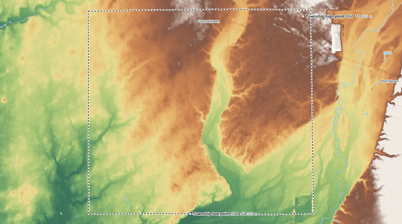 Topographic elevation map of Van Buren Township, Shelby County, Indiana, shaded from 790 ft on the south side to 860 ft on the northeast side