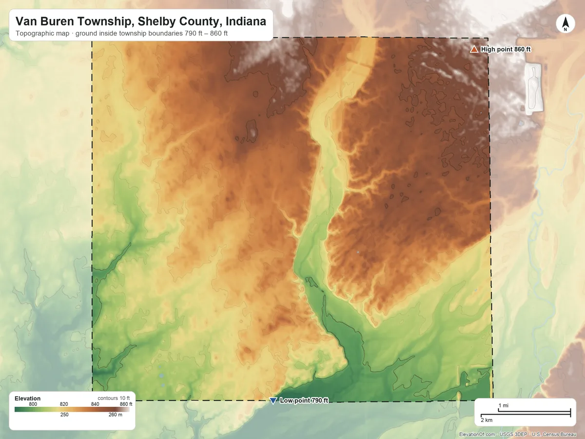 Topographic elevation map of Van Buren Township, Shelby County, Indiana, shaded from 790 ft on the south side to 860 ft on the northeast side