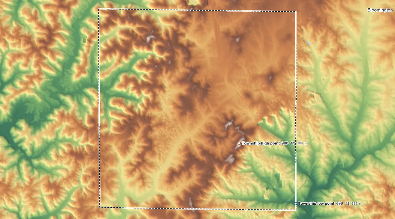 Topographic elevation map of Van Buren Township, Indiana, shaded from 600 ft on the south side to 980 ft on the south side