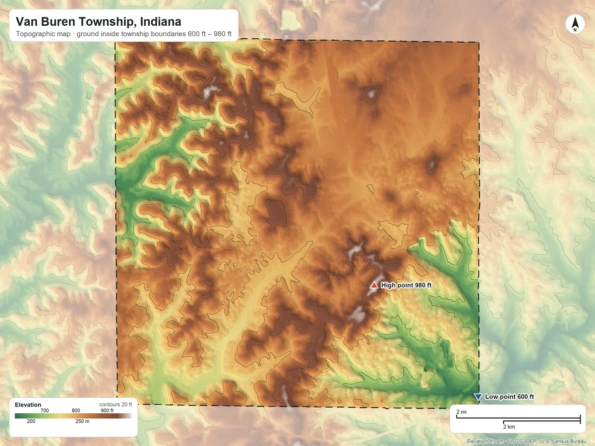 Topographic elevation map of Van Buren Township, Indiana, shaded from 600 ft on the south side to 980 ft on the south side