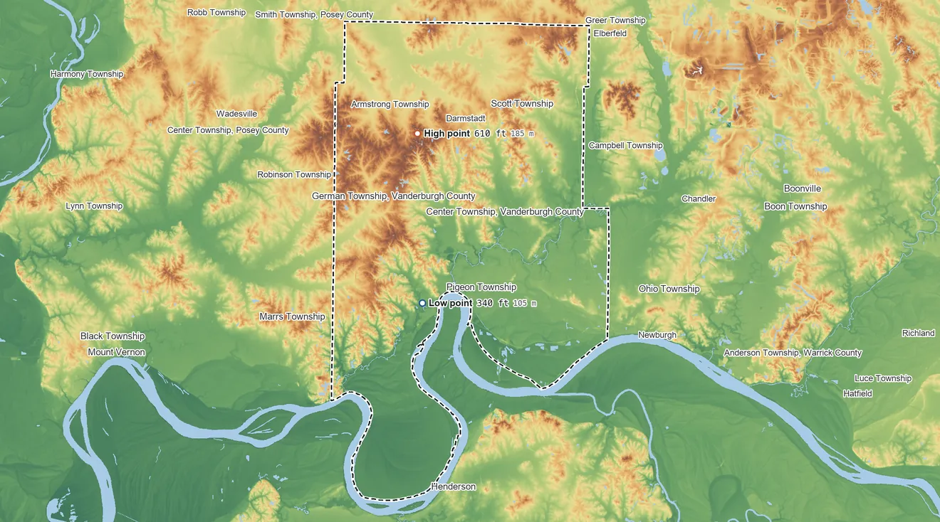 Topographic elevation map of Vanderburgh County, Indiana, shaded from 340 ft on the southwest side to 610 ft on the north side