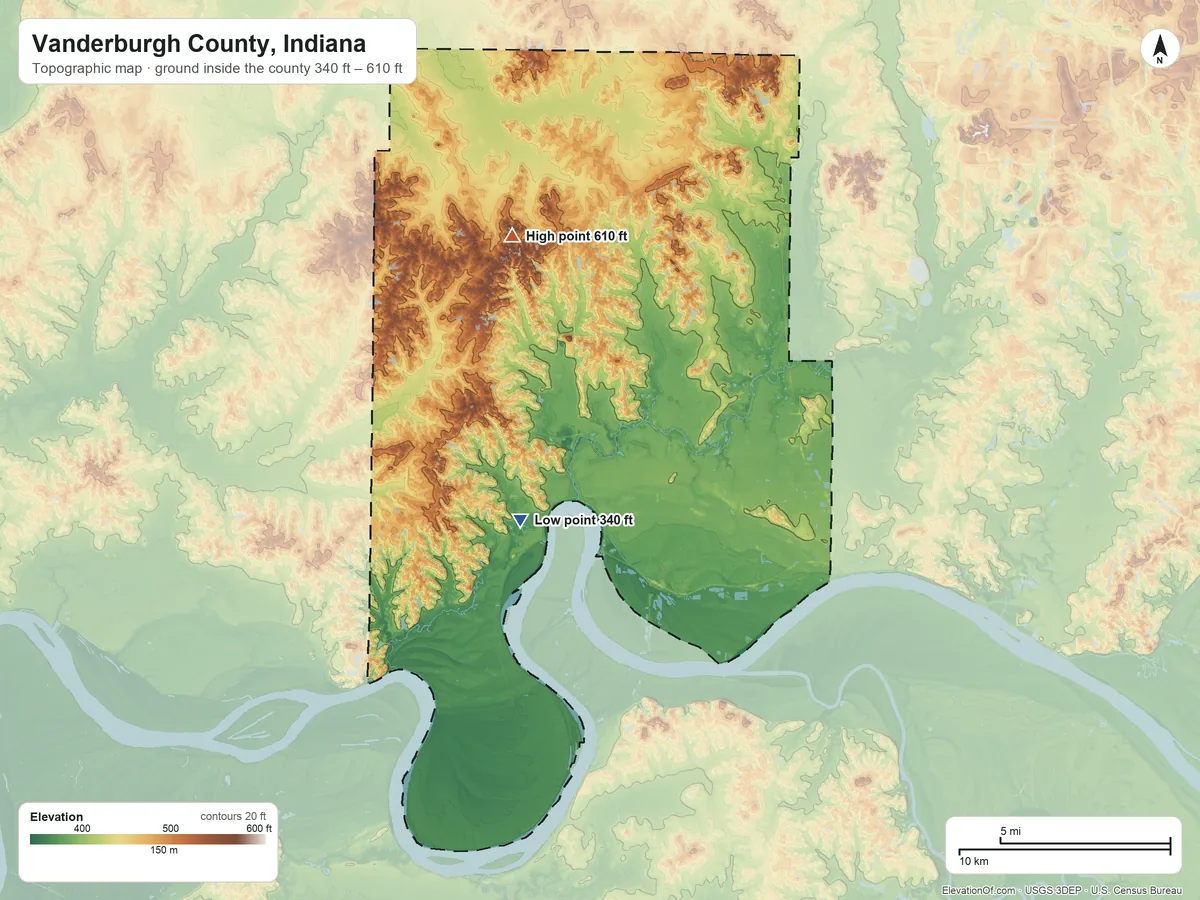 Topographic elevation map of Vanderburgh County, Indiana, shaded from 340 ft on the southwest side to 610 ft on the north side