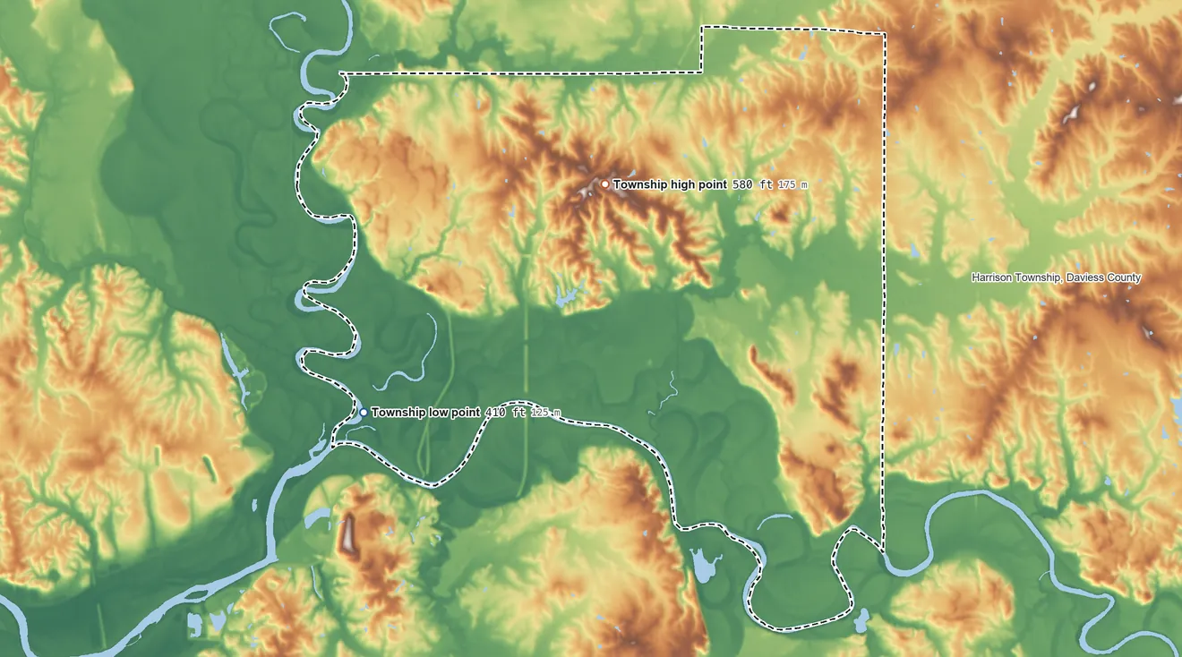 Topographic elevation map of Veale Township, Indiana, shaded from 410 ft on the southwest side to 580 ft on the northwest side