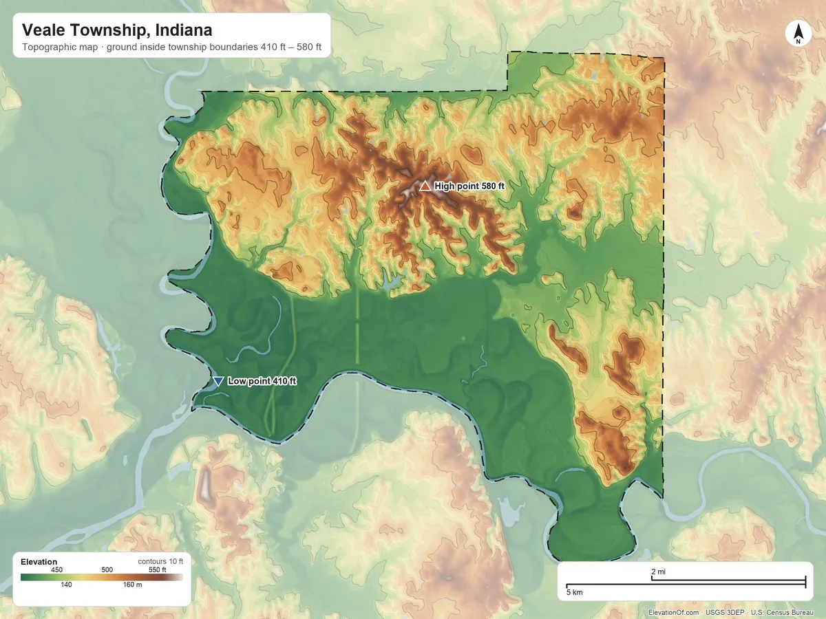 Topographic elevation map of Veale Township, Indiana, shaded from 410 ft on the southwest side to 580 ft on the northwest side