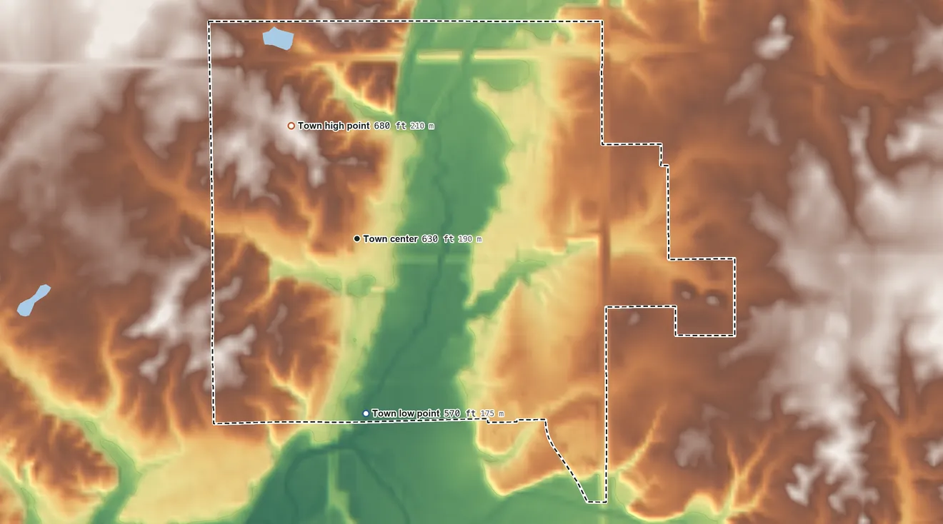 Topographic elevation map of Veedersburg, Indiana, shaded from 570 ft on the south side to 680 ft on the northwest side