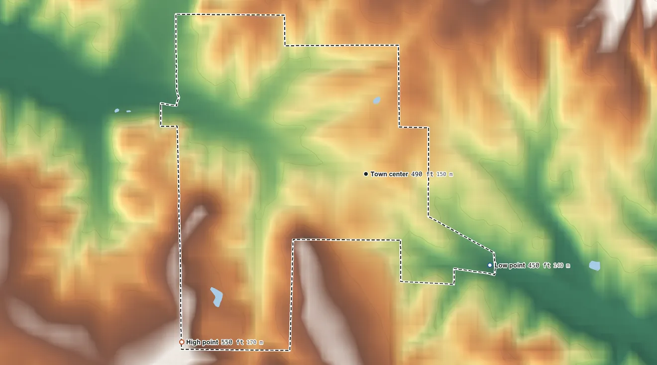 Topographic elevation map of Velpen, Indiana, shaded from 450 ft on the southeast side to 550 ft on the southwest side