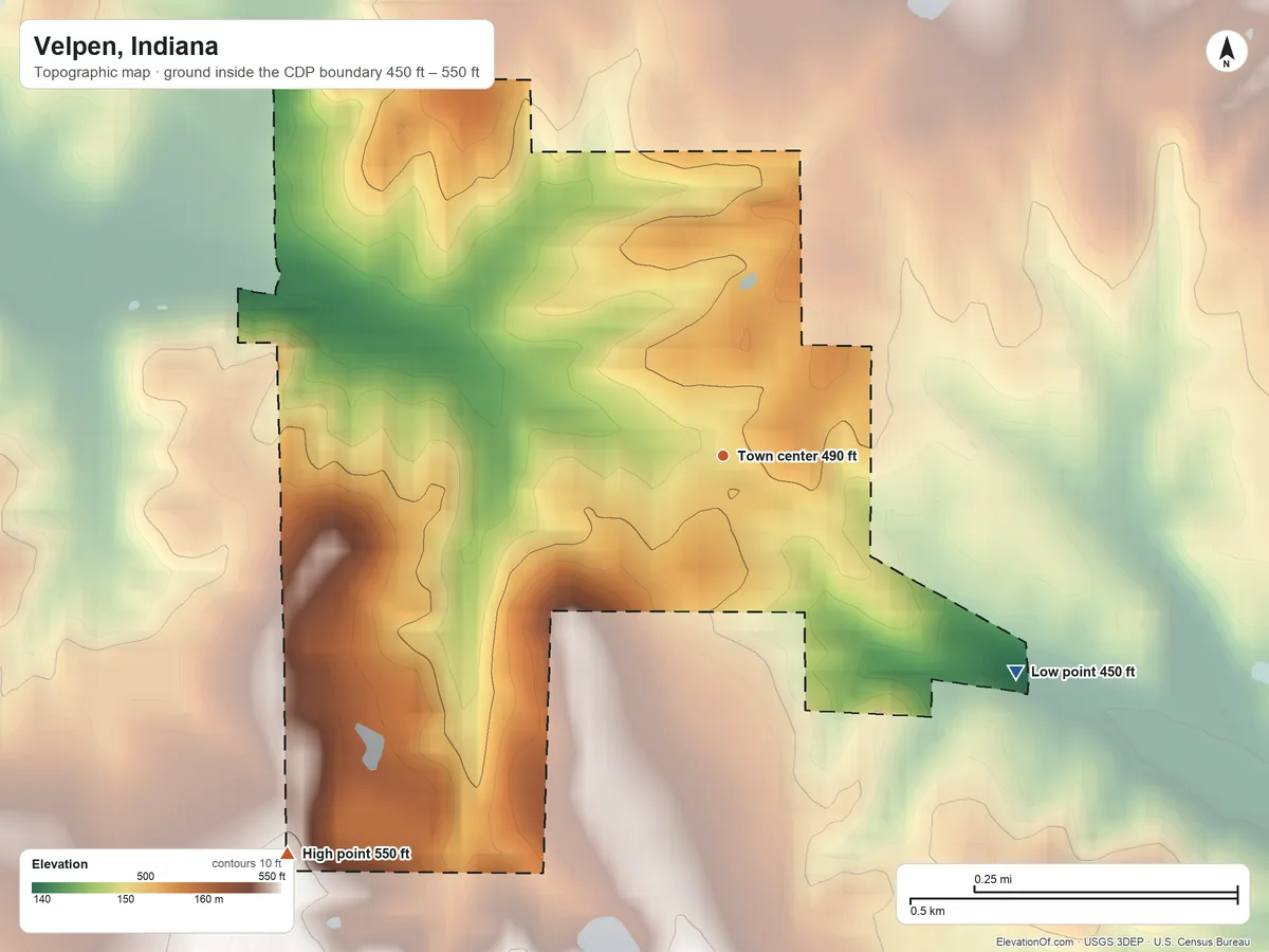 Topographic elevation map of Velpen, Indiana, shaded from 450 ft on the southeast side to 550 ft on the southwest side
