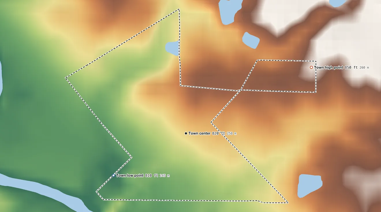 Topographic elevation map of Vera Cruz, Indiana, shaded from 810 ft on the southwest side to 850 ft on the northeast side