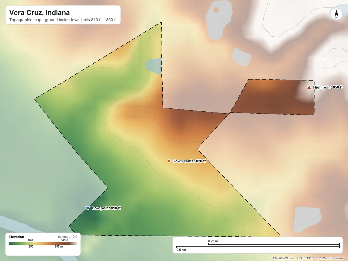 Topographic elevation map of Vera Cruz, Indiana, shaded from 810 ft on the southwest side to 850 ft on the northeast side