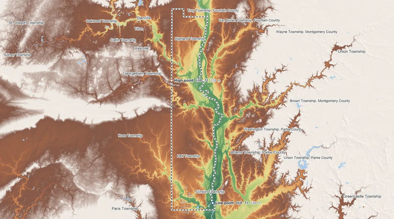 Topographic elevation map of Vermillion County, Indiana, shaded from 460 ft on the south side to 690 ft on the northwest side