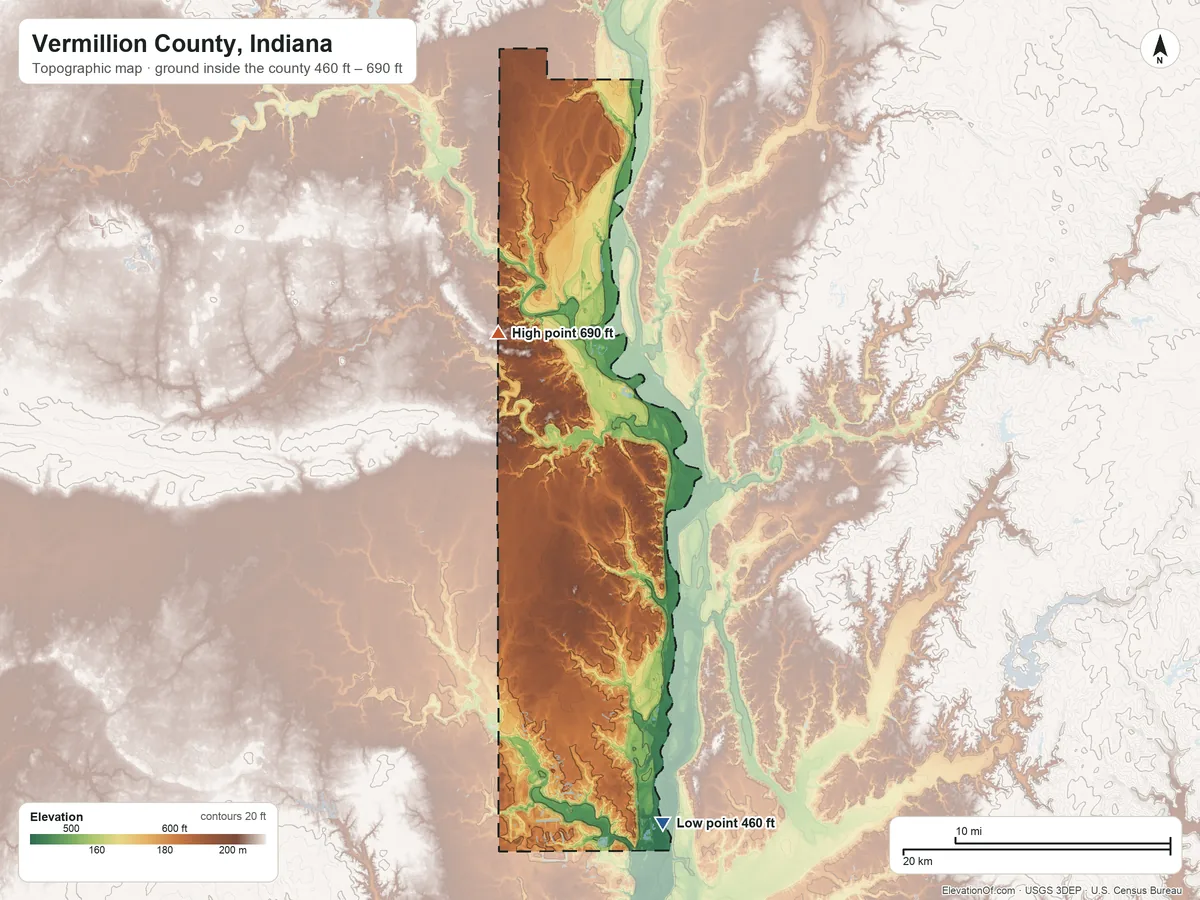 Topographic elevation map of Vermillion County, Indiana, shaded from 460 ft on the south side to 690 ft on the northwest side