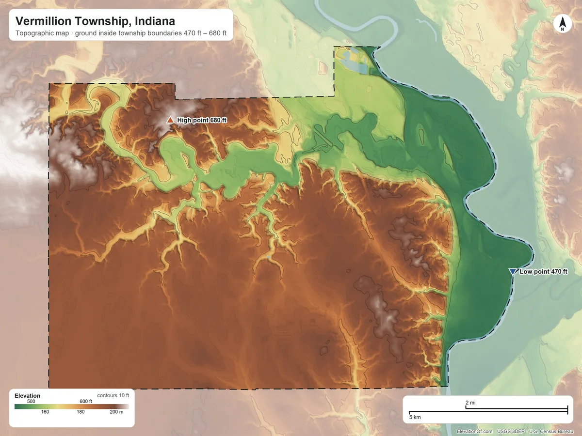 Topographic elevation map of Vermillion Township, Indiana, shaded from 470 ft on the east side to 680 ft on the northwest side