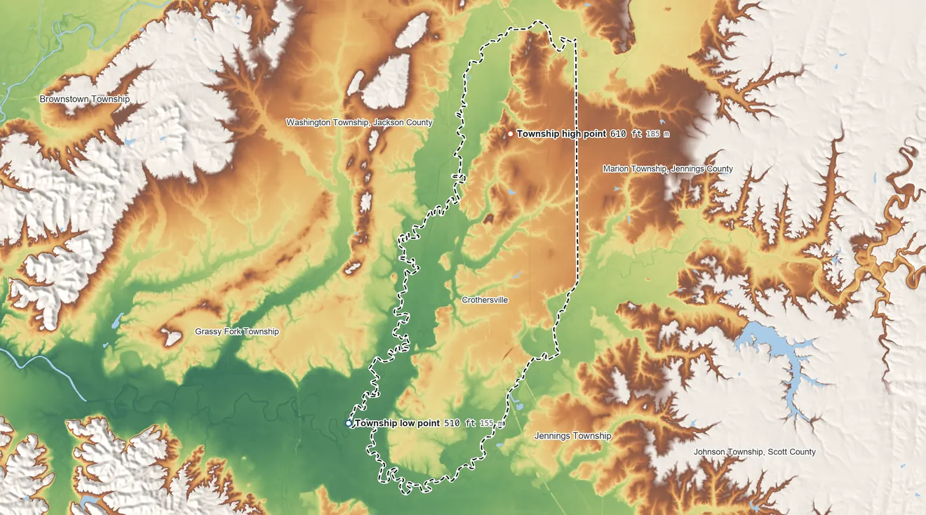 Topographic elevation map of Vernon Township, Jackson County, Indiana, shaded from 510 ft on the southwest side to 610 ft on the north side